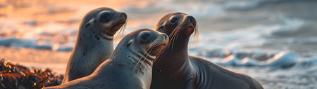 Sea lion family in the ocean water with setting sun shining. Group of wild animals in nature.の素材