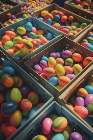 Boxes and baskets full of colorful Easter eggs. Top view, abstract background.の素材