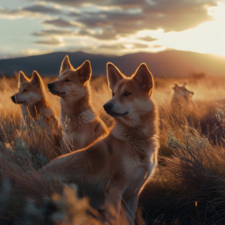 Dingo family standing in front of the camera in the rocky plains with setting sun. Group of wild animals in nature.の素材