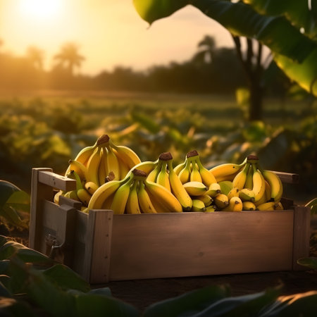 Banana bunches harvested in a wooden box in banana plantation with sunset. Natural organic fruit abundance. Agriculture, healthy and natural food concept.の素材