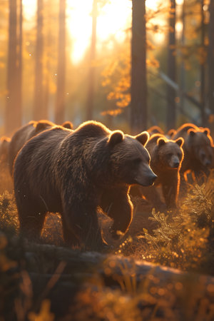 Grizzly bear family walking towards the camera in the forest with setting sun. Group of wild animals in nature.の素材