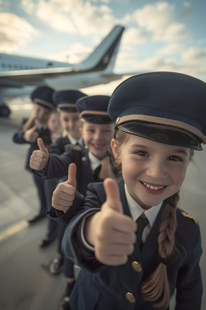 Group of children doing their dream job as Pilots standing in the airport next to the airplane. Concept of Creativity, Happiness, Dream come true and Teamwork.の素材