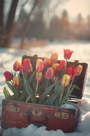 Vintage suitcase with colorful tulip flowers and hoarfrost lying on the snowy surface. Concept of spring coming.の素材