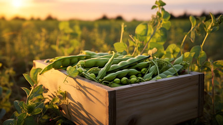 Green peas and pods harvested in a wooden box with field and sunset in the background. Natural organic fruit abundance. Agriculture, healthy and natural food concept. Horizontal composition.の素材