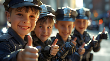 Group of children smiling, having thumbs up doing their dream job as Police Officers standing in the street with traffic. Concept of Creativity, Happiness, Dream come true and Teamwork.の素材