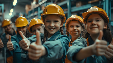 Group of children doing their dream job as Mechanical Engineers in the workshop. Concept of Creativity, Happiness, Dream come true and Teamwork.の素材