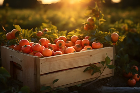 Persimmon fruit harvested in a wooden box in a field with sunset. Natural organic vegetable abundance. Agriculture, healthy and natural food concept.の素材