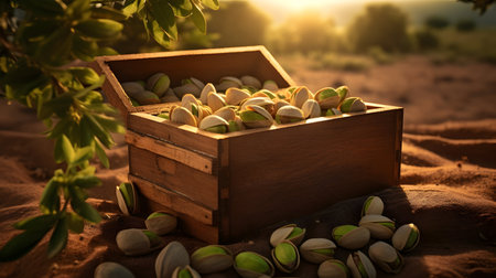 Pistachio nuts harvested in a wooden box in a plantation with sunset. Natural organic fruit abundance. Agriculture, healthy and natural food concept.の素材