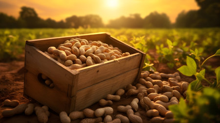 Peanuts harvested in a wooden box in a plantation with sunset. Natural organic fruit abundance. Agriculture, healthy and natural food concept. Horizontal composition.の素材