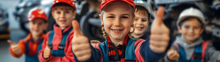Group of children smiling, having thumbs up doing their dream job as Car Mechanics at the workshop. Concept of Creativity, Happiness, Dream come true and Teamwork.の素材