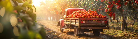 Vintage truck carrying various types of fruits in an orchard with sunset. Concept of food transportation, logistics and cargo.の素材