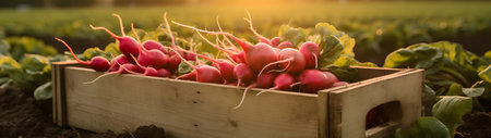 Radish harvested in a wooden box with field and sunset in the background. Natural organic fruit abundance. Agriculture, healthy and natural food concept. Horizontal composition, banner.の素材