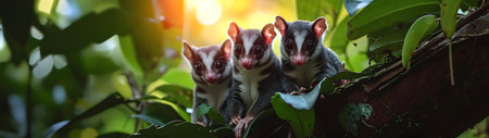 Sugar gliders in the forest with setting sun shining. Group of wild animals in nature. Horizontal, banner.の素材