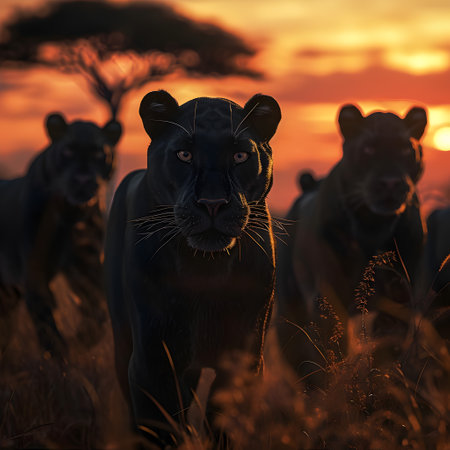 Black panthers standing in the savanna with setting sun shining. Group of wild animals in nature.の素材