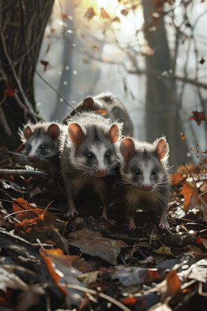 Opossum family in the forest with setting sun shining. Group of wild animals in nature.の素材
