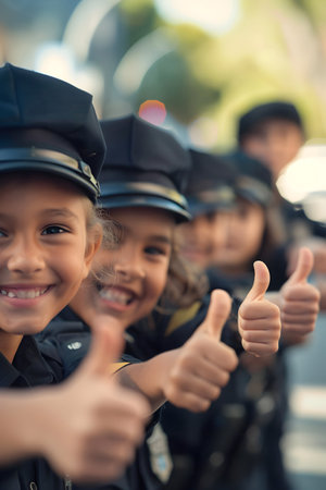 Group of children smiling, having thumbs up doing their dream job as Police Officers standing in the street with traffic. Concept of Creativity, Happiness, Dream come true and Teamwork.の素材