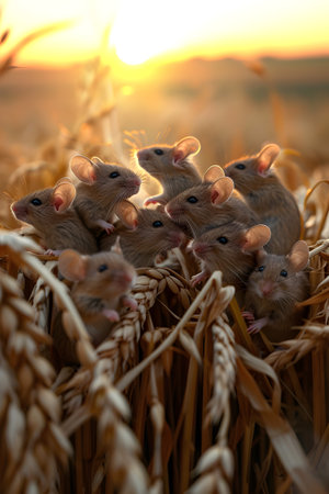 Mice in the harvested field in summer evening with setting sun. Group of wild animals in nature.の素材