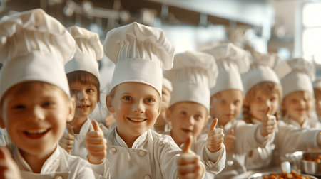 Group of children doing their dream job as Chief Cooks in the kitchen. Concept of Creativity, Happiness, Dream come true and Teamwork.の素材