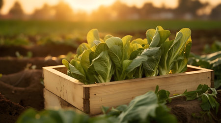 Pak Choi salad in a wooden box with field and sunset in the background. Natural organic fruit abundance. Agriculture, healthy and natural food concept. Horizontal composition.の素材