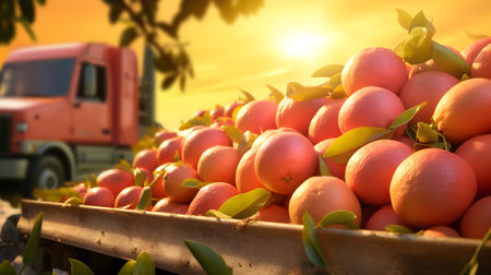Cargo truck carrying orange fruit in an orchard with sunset. Concept of food production, transportation, cargo and shipping.の素材
