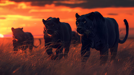 Black panthers standing in the savanna with setting sun shining. Group of wild animals in nature.の素材