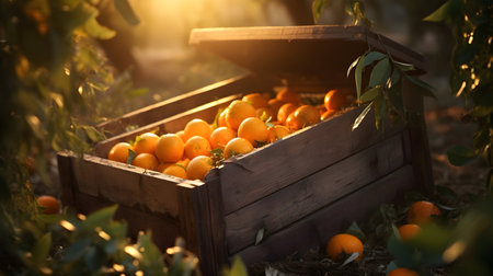 Tangerines harvested in a wooden box with orchard and sunshine in the background. Natural organic fruit abundance. Agriculture, healthy and natural food concept. Horizontal composition.の素材