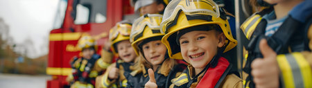 Group of children doing their dream job as Firemen standing next to the fire truck. Concept of Creativity, Happiness, Dream come true and Teamwork.の素材
