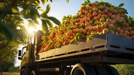 Cargo truck carrying orange pear fruit in an orchard with sunset. Concept of food production, transportation, cargo and shipping.の素材