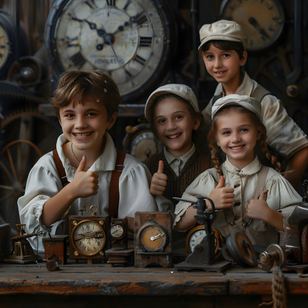 Group of children doing their dream job as Clockmakers in the workshop. Concept of Creativity, Happiness, Dream come true and Teamwork.の素材