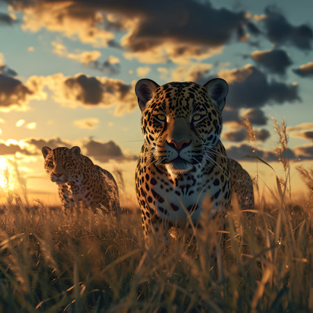 Jaguars standing in the savanna with setting sun shining. Group of wild animals in nature.の素材