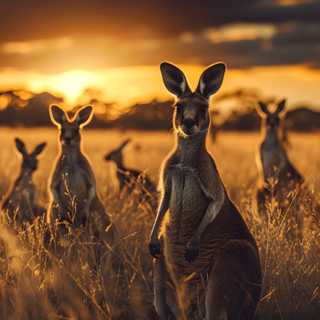 Kangaroo standing in the savanna with setting sun shining. Group of wild animals in nature.の素材