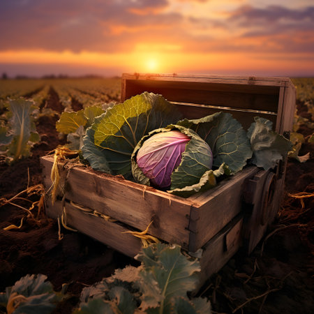 Cabbage harvested in a wooden box with field and sunset in the background. Natural organic fruit abundance. Agriculture, healthy and natural food concept. Square composition.の素材