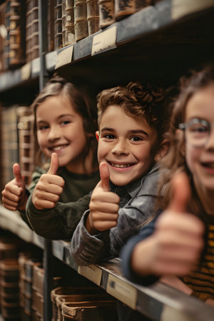 Group of children smiling, having thumbs up doing their dream job as Historians in the archives. Concept of Creativity, Happiness, Dream come true and Teamwork.の素材
