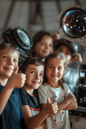 Group of children smiling, having thumbs up doing their dream job as Astronomers in the observatory with telescopes in the background. Concept of Happiness, Dream come true and Teamwork.の素材