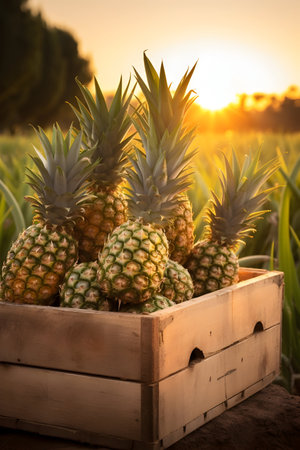 Pineapples harvested in a wooden box in banana plantation with sunset. Natural organic fruit abundance. Agriculture, healthy and natural food concept.の素材