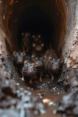 Rats looking from the tunnel of the sewers. Group of wild animals in nature.の素材