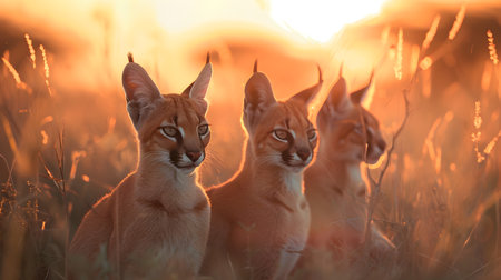 Caracal family in the savanna with setting sun shining. Group of wild animals in nature.の素材