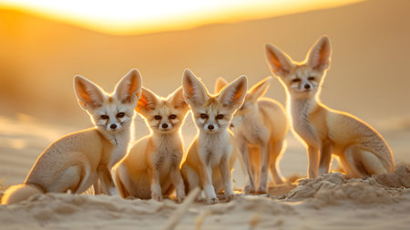 Fennec family sitting in the desert with setting sun shining. Group of wild animals in nature.の素材