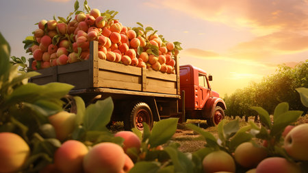 Cargo truck carrying peach fruit in an orchard with sunset. Concept of food production, transportation, cargo and shipping.の素材