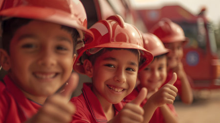 Group of children doing their dream job as Firemen standing next to the fire truck. Concept of Creativity, Happiness, Dream come true and Teamwork.の素材