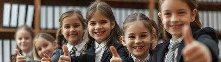 Group of children smiling, having thumbs up doing their dream job as Lawyers sitting in their office with books in the background. Concept of Creativity, Happiness, Dream come true and Teamwork.の素材