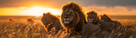 Lions standing in the savanna with setting sun shining. Group of wild animals in nature. Horizontal, banner.の素材