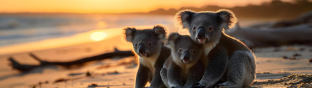 Koala bears in the sea coastal region with setting sun shining. Group of wild animals in nature. Horizontal, banner.の素材