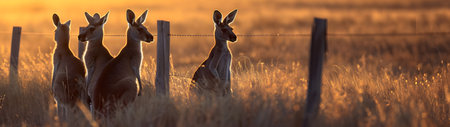 Kangaroo standing in the savanna with setting sun shining. Group of wild animals in nature. Horizontal, banner.の素材