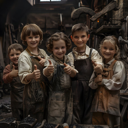 Group of children doing their dream job as Blacksmiths standing inside the blacksmith workshop. Concept of Creativity, Happiness, Dream come true and Teamwork.の素材