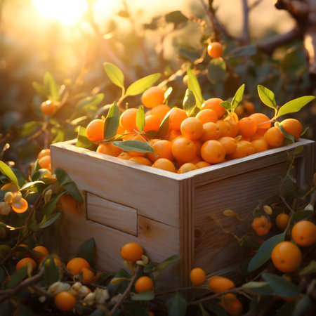 Kumquats harvested in a wooden box with orchard and sunshine in the background. Natural organic fruit abundance. Agriculture, healthy and natural food concept. Square composition.の素材