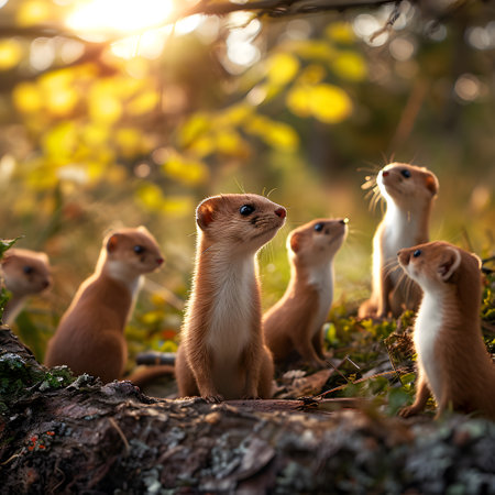 Weasel family in the forest with setting sun shining. Group of wild animals in nature.の素材