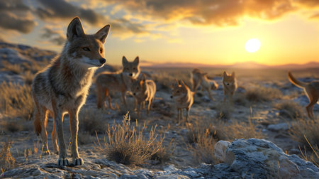Jackal family standing in front of the camera in the rocky plains with setting sun. Group of wild animals in nature.の素材
