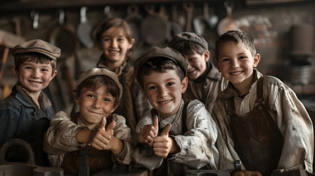 Group of children doing their dream job as Blacksmiths standing inside the blacksmith workshop. Concept of Creativity, Happiness, Dream come true and Teamwork.の素材