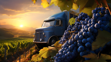 Cargo truck carrying blue wine grape fruit in a vineyard with sunset. Concept of food production, transportation, cargo and shipping.の素材